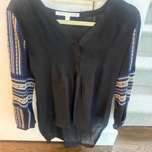 Veronica Beard Black Blouse with Blue and Cream Embroidered Sleeves